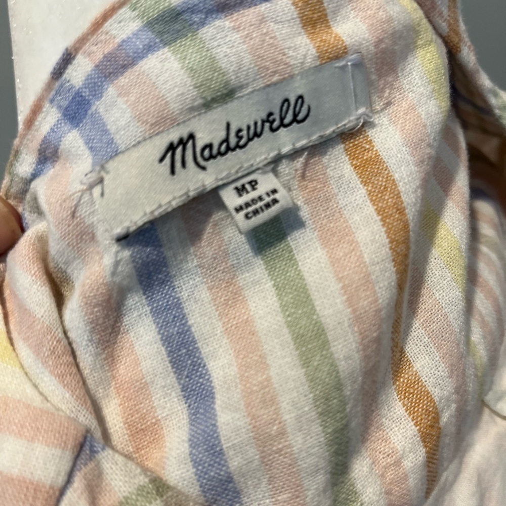 Madewell Midi Dress Linen Blend Plaid Sleeve Pastel Beachy Clara White Pink MP - Picture 5 of 6